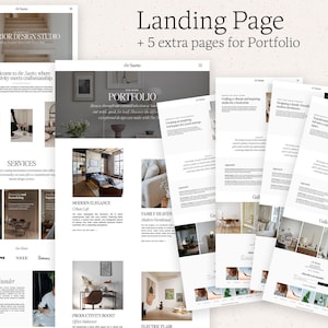 May include: A digital website template set for an interior design studio, featuring a landing page and five additional portfolio pages. The layout includes sections for services, project galleries, and founder information with white backgrounds.