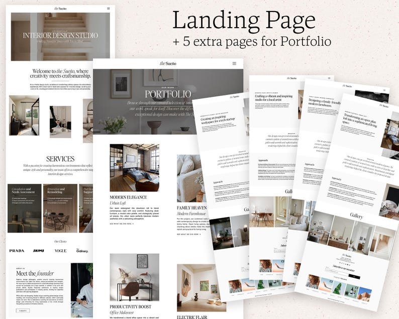 May include: A digital website template set for an interior design studio, featuring a landing page and five additional portfolio pages. The layout includes sections for services, project galleries, and founder information with white backgrounds.