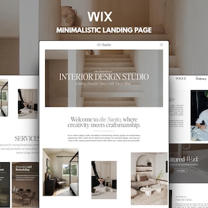 May include: A digital display of a website landing page for an interior design studio titled the Sue&ntilde;o. The layout features a hero image of stairs, text headers, service descriptions, and photography of home interiors with a neutral color palette.