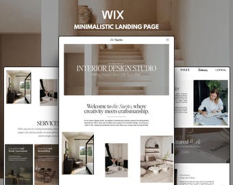 May include: A digital display of a website landing page for an interior design studio titled the Sueño. The layout features a hero image of stairs, text headers, service descriptions, and photography of home interiors with a neutral color palette.