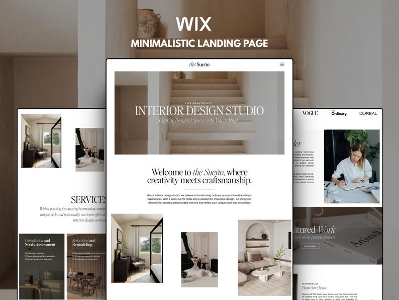 May include: A digital display of a website landing page for an interior design studio titled the Sue&ntilde;o. The layout features a hero image of stairs, text headers, service descriptions, and photography of home interiors with a neutral color palette.