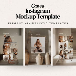 May include: Three Instagram mockup templates with a minimalist design. The templates feature a light brown background with a grid of images. The images show a person practicing yoga and other related activities.