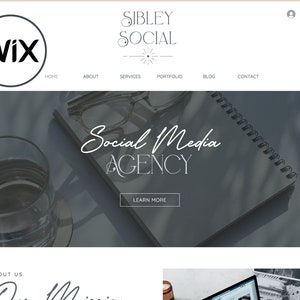 May include: A website homepage for a social media agency called Sibley Social. The website features a gray and white color scheme with a minimalist design. The text "Social Media Agency" is displayed in a large, bold font. The website also includes a call to action button that says "Learn More".