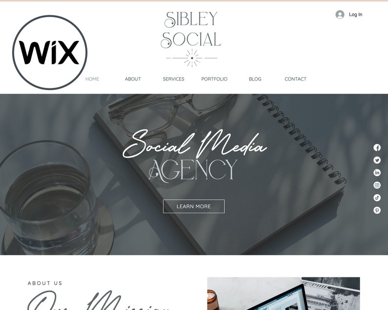 May include: A website homepage for a social media agency called Sibley Social. The website features a gray and white color scheme with a minimalist design. The text "Social Media Agency" is displayed in a large, bold font. The website also includes a call to action button that says "Learn More".