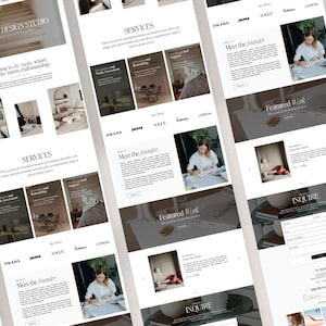 May include: A website layout for an interior design studio featuring sections titled Services, Meet the Founder, Featured Work, and Inquire. The design uses a neutral color palette with serif typography, showcasing images of home interiors and a person writing.