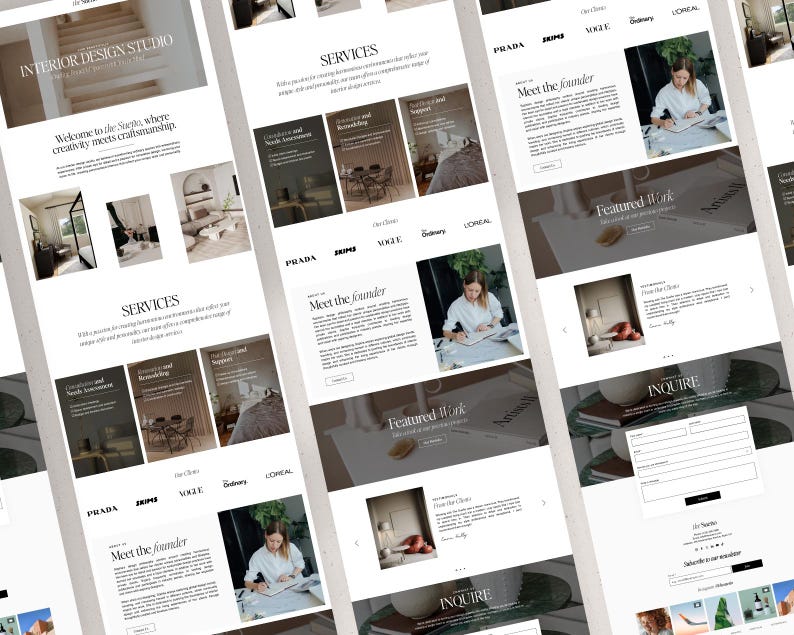 May include: A website layout for an interior design studio featuring sections titled Services, Meet the Founder, Featured Work, and Inquire. The design uses a neutral color palette with serif typography, showcasing images of home interiors and a person writing.