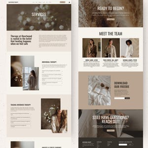 Op de afbeelding: Een website-indeling voor Heartwood Therapy met een neutraal kleurenpalet van beige, bruin en wit. Het ontwerp bevat secties voor diensten, teamprofielen, een gratis download en contactgegevens met tekstkoppen.