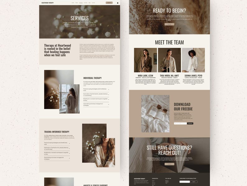 Op de afbeelding: Een website-indeling voor Heartwood Therapy met een neutraal kleurenpalet van beige, bruin en wit. Het ontwerp bevat secties voor diensten, teamprofielen, een gratis download en contactgegevens met tekstkoppen.