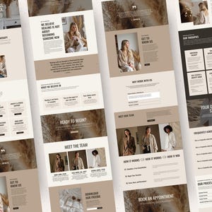 Op de afbeelding: Een website-layoutontwerp voor een therapiepraktijk met een neutraal kleurenpalet van beige, cr&egrave;me en donkerbruin. De interface bevat secties voor therapiediensten, teamprofielen en afspraakboekingen met tekstkoppen en afbeeldingen.