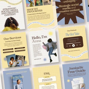 Könnte beinhalten: Eine Sammlung von digitalen Marketing-Vorlagen mit einem Rasterhintergrund, sanften Gelb- und Blautönen sowie verschiedenen Typografiestilen. Die Designs enthalten Textüberschriften wie Strategic Social Media, Our Services und Hello, I'm Anna.