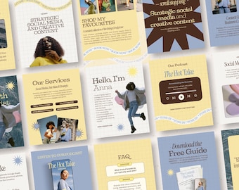 May include: A collection of digital marketing templates featuring a grid background, soft yellow and blue color palettes, and various typography styles. The designs include text headers like Strategic Social Media, Our Services, and Hello, I'm Anna.
