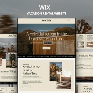 May include: A Wix vacation rental website template for Luna Vista, a stargazer's retreat. The design features a beige color palette, serif typography, and imagery of a wooden cabin in Joshua Tree, including sections for guest information and amenities.