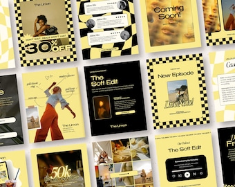 May include: A collection of yellow and black promotional graphics with text, including "30% OFF", "Coming Soon!", "New Episode", and "50k Followers". The graphics feature images of people and products.