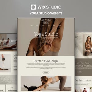 May include: A Wix Studio website template for a yoga studio named Moonrise Flow. The layout features a neutral color palette, serif typography, and multiple sections displaying yoga photography, including a person in a pose and text elements.