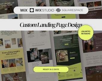 May include: A promotional image showcasing website design services. The image features multiple website mockups with text overlays, including "Custom Landing Page Design," "Wix," "Squarespace," and "Ready in 2 Days!" A yellow circle reads "Unlimited Revisions."