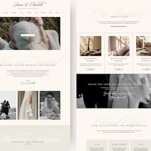 May include: A wedding website with a white background and black text. The website includes a save the date, wedding invitation, wedding day timeline, and information about gifts and travel. The website also includes photos of the couple.