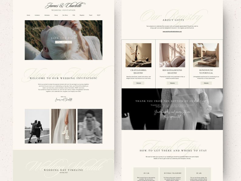 May include: A wedding website with a white background and black text. The website includes a save the date, wedding invitation, wedding day timeline, and information about gifts and travel. The website also includes photos of the couple.