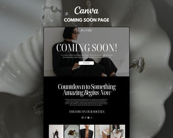 May include: A digital coming soon webpage template featuring the text Canva COMING SOON PAGE, COMING SOON!, and Countdown to Something Amazing Begins Now. The layout includes a black and white photograph of a person in a blazer and social media icons.