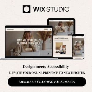 Op de afbeelding: Een Wix Studio-weergave met een laptop, tablet en smartphone met een landingspagina genaamd Heartwood Therapy. De tekst luidt Find Your Stillness. Nurture Your Soul. Design meets Accessibility. Elevate your online presence to new heights.