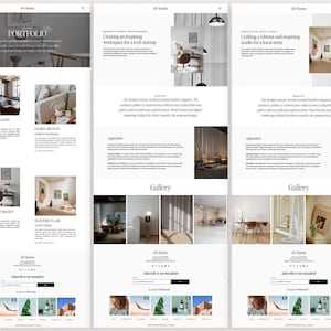 May include: A three-column website layout for The Sucto featuring a portfolio page with project titles like Modern Elegance, Family Heaven, Productivity Boost, and Electric Flair, alongside gallery images, design approach text, and a newsletter signup form.