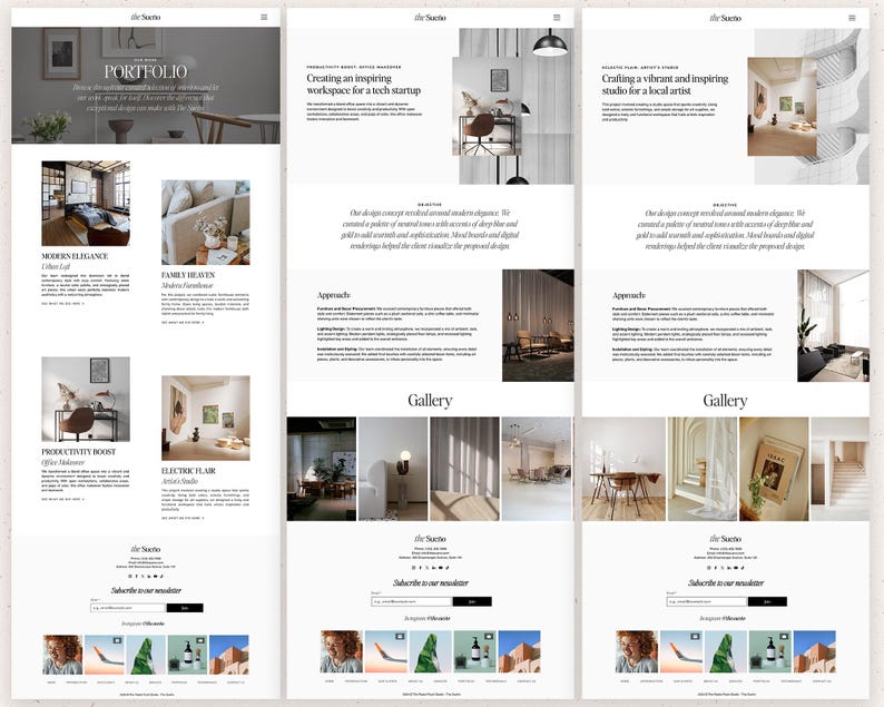 May include: A three-column website layout for The Sucto featuring a portfolio page with project titles like Modern Elegance, Family Heaven, Productivity Boost, and Electric Flair, alongside gallery images, design approach text, and a newsletter signup form.