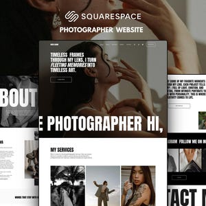 Może przedstawiać: Szablon strony internetowej Squarespace dla fotografa z czarno-białym układem i wyrazistą typografią. Projekt zawiera sekcje dotyczące strony o nas, usług i danych kontaktowych, prezentując portfolio fotograficzne oraz linki do mediów społecznościowych.