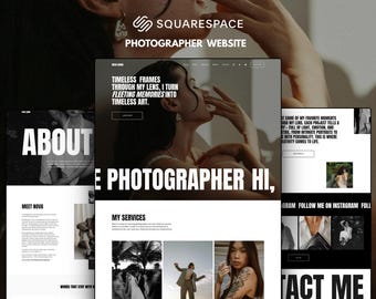 Könnte beinhalten: Eine Squarespace-Website-Vorlage für Fotografen mit einem schwarz-weißen Layout und fetter Typografie. Das Design enthält Abschnitte für eine Über-uns-Seite, Dienstleistungen und Kontaktinformationen sowie Fotoportfolios und Social-Media-Links.