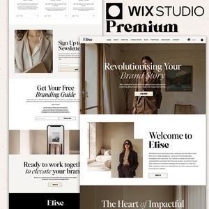 Può includere: Un mockup di design di siti Web con il logo Wix Studio Premium e diversi layout di pagine Web. I layout includono sezioni per l'iscrizione alla newsletter, una guida al branding e un messaggio di benvenuto. La combinazione di colori è neutra con testo nero.