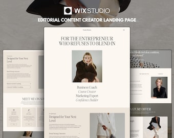 May include: A Wix Studio editorial content creator landing page template featuring a cream-colored background with black serif typography. The layout includes sections titled For the Entrepreneur Who Refuses to Blend In, Business Coach, and Designed for Your Next Level.