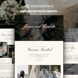 Puede incluir: Una plantilla de sitio web de invitaci&oacute;n de boda Squarespace con una imagen de una pareja en la hierba, tipograf&iacute;a serif elegante y secciones para consejos de viaje, hoteles y detalles de la boda con el texto James and Charlotte.