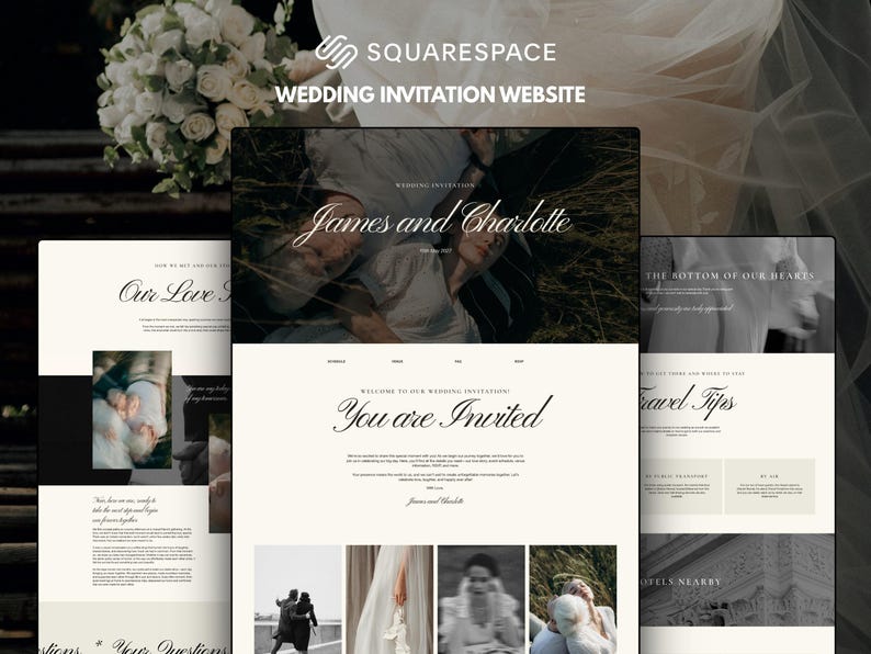 Puede incluir: Una plantilla de sitio web de invitaci&oacute;n de boda Squarespace con una imagen de una pareja en la hierba, tipograf&iacute;a serif elegante y secciones para consejos de viaje, hoteles y detalles de la boda con el texto James and Charlotte.