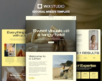 May include: A Wix Studio editorial website template featuring a cream and yellow color palette. The layout displays the text Sweet visuals with a tangy twist, Welcome to the Limon, and various sections showcasing lifestyle photography and design.