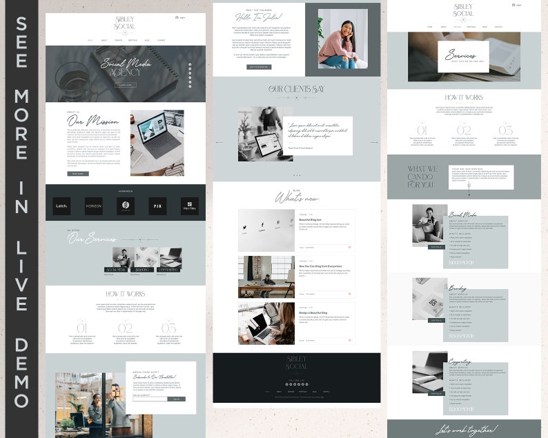 May include: A website homepage for a social media agency called "Sbley Social". The website features a light blue and gray color scheme with a black and white logo. The website includes a section about the agency's mission, services, and client testimonials. The website also includes a blog section with recent posts.
