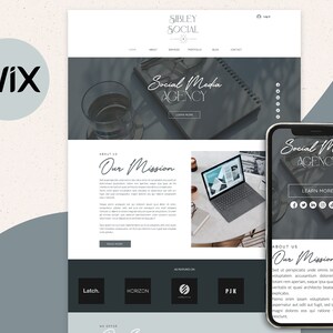 May include: A website mockup for a social media agency called Sibley Social. The website features a dark gray background with a white text overlay. The website includes a header with the company name, a navigation bar, and a section with the text "Social Media Agency". The website also includes a section with the text "About Us" and "Our Mission". The website is designed to be visually appealing and informative.