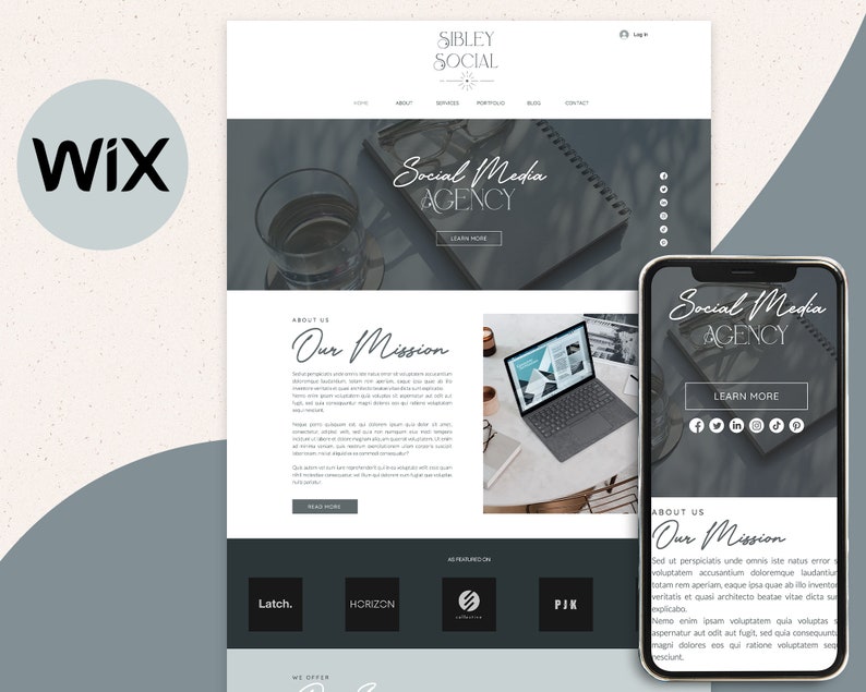 May include: A website mockup for a social media agency called Sibley Social. The website features a dark gray background with a white text overlay. The website includes a header with the company name, a navigation bar, and a section with the text "Social Media Agency". The website also includes a section with the text "About Us" and "Our Mission". The website is designed to be visually appealing and informative.