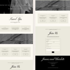 Puede incluir: Una plantilla de sitio web de bodas digital con un esquema de color crema y negro, que incluye secciones para consejos de viaje, hoteles cercanos y un formulario de contacto. El dise&ntilde;o presenta una tipograf&iacute;a elegante y marcadores.