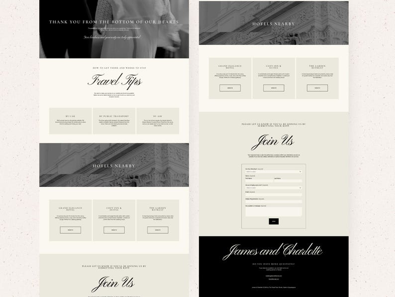 Puede incluir: Una plantilla de sitio web de bodas digital con un esquema de color crema y negro, que incluye secciones para consejos de viaje, hoteles cercanos y un formulario de contacto. El dise&ntilde;o presenta una tipograf&iacute;a elegante y marcadores.