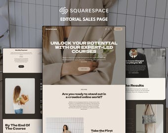 May include: A Squarespace editorial sales page template featuring a beige and dark brown color scheme. The layout includes sections for expert-led courses, testimonials, and results, with text headers like Unlock Your Potential and Are You Ready to Stand Out.