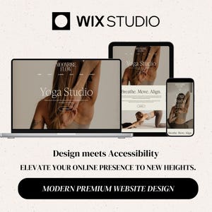 K&ouml;nnte beinhalten: Eine Wix Studio Website-Design-Anzeige mit Laptop, Tablet und Smartphone, die eine Moonrise Flow Yoga-Studio-Oberfl&auml;che zeigt. Der Text umfasst Design meets Accessibility, ELEVATE YOUR ONLINE PRESENCE TO NEW HEIGHTS und MODERN PREMIUM WEBSITE DESIGN.