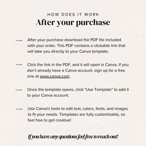 May include: A white background with black text explaining how to use a Canva template after purchase. The text includes instructions on how to download the PDF file, click the link, and use the template in Canva. The text also includes the website address www.canva.com. The text ends with "If you have any questions feel free to reach out!"