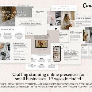 May include: A digital marketing website mockup with a light brown background. The website features a variety of pages, including a homepage, services page, testimonials page, and contact page. The website is designed to help small businesses create a strong online presence.