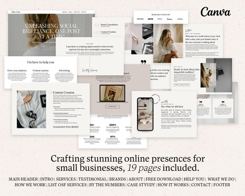 May include: A digital marketing website mockup with a light brown background. The website features a variety of pages, including a homepage, services page, testimonials page, and contact page. The website is designed to help small businesses create a strong online presence.