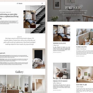 May include: A website layout for The Sue&ntilde;o featuring a portfolio page with multiple interior design project sections. The page includes text headers like Modern Elegance, Family Heaven, Productivity Boost, and Electric Flair, alongside various photographs of residential and office spaces.