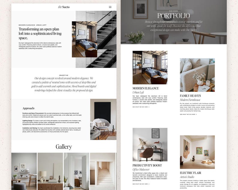 May include: A website layout for The Sue&ntilde;o featuring a portfolio page with multiple interior design project sections. The page includes text headers like Modern Elegance, Family Heaven, Productivity Boost, and Electric Flair, alongside various photographs of residential and office spaces.