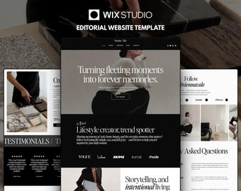 May include: A digital website template titled Wix Studio Editorial Website Template featuring a black and white layout with serif typography, photography of a person, and sections for testimonials, lifestyle content, and frequently asked questions.