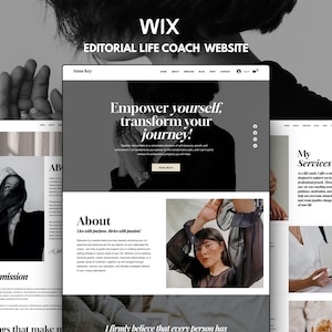 May include: A Wix editorial life coach website template featuring a black and white color scheme with serif typography. The layout includes sections for About, My Services, and My Mission, displaying placeholder text and images of a person.