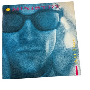 May include: A blue and white album cover with the text "MINISTRY" in yellow and "THE MIND IS A TERRIBLE THING TO WASTE" in red.