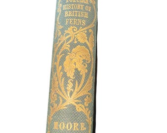 以下が含まれることがあります： 鮮やかなティール色の背景に、金色の文字で「Popular History of British Ferns」と書かれたヴィンテージ本の背表紙。 金色の花の装飾が施され、著者名「Moore」も表示されています。 古い植物学の本です。