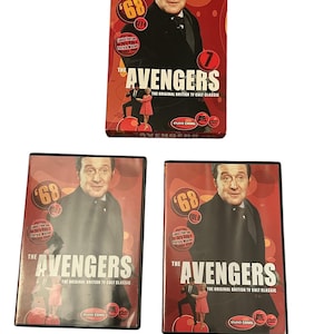 May include: Three DVD cases for the 1968 British television series "The Avengers". The cases are red and black with a picture of the actor Patrick Macnee on the front. The text "The Avengers" is in white letters on a black background. The text "The Original British TV Cult Classic" is in white letters on a red background. The text "68" is in white letters on a red background. The text "Set 4" is in white letters on a red background. The text "Studio Canal" is in white letters on a black background.