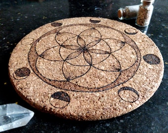 Hand burned cork trivet, decorative trivet, kitchen decor, housewarming gift, seed of life, moon phases